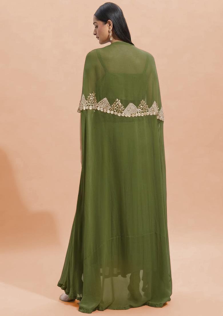 Olive Green Georgette Handwork Fusion Set - Indya