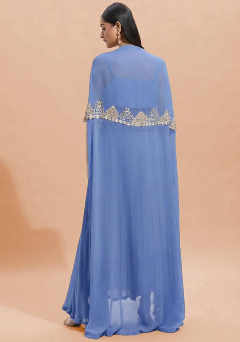 Powder Blue Georgette Handwork Fusion Set - Indya