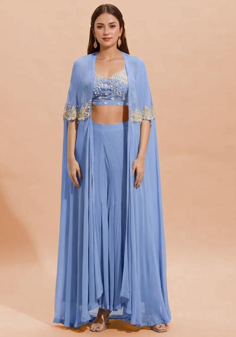 Powder Blue Georgette Handwork Fusion Set