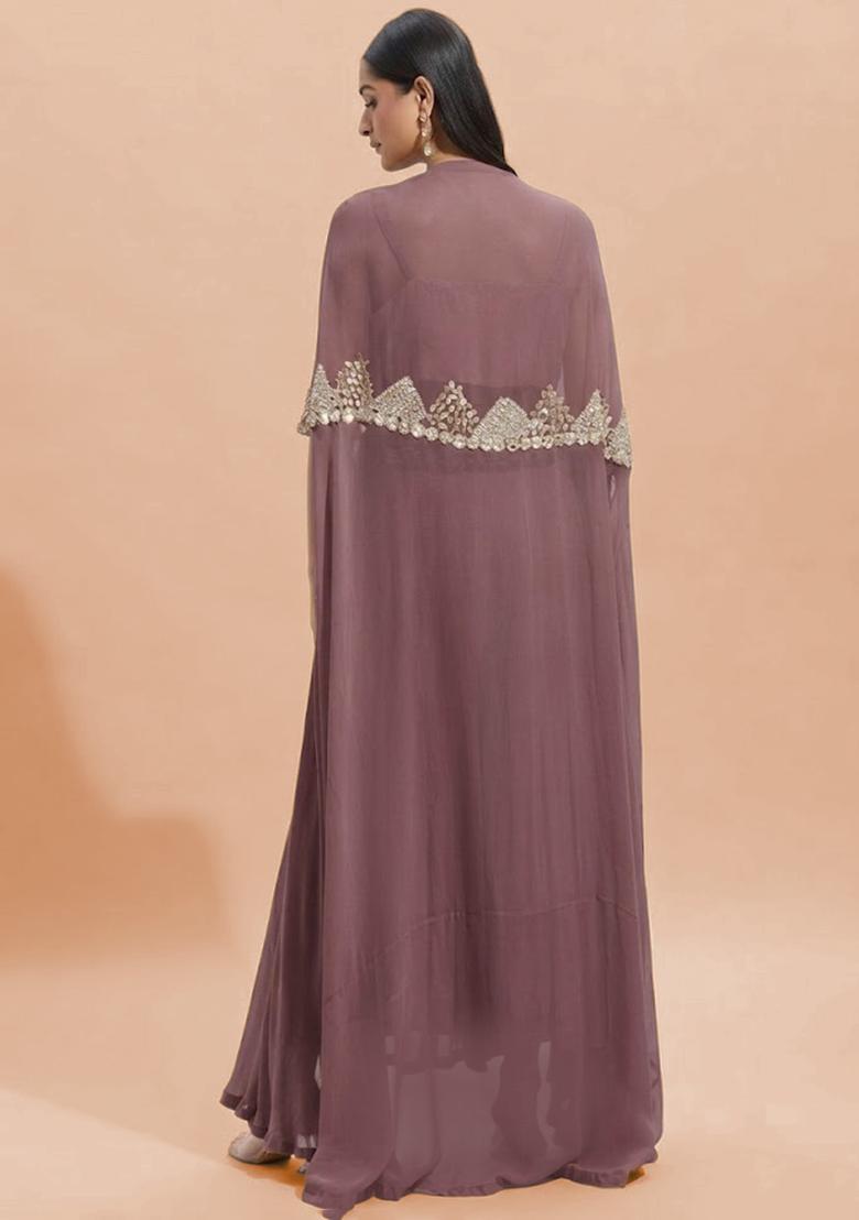 Mauve Georgette Handwork Fusion Set - Indya