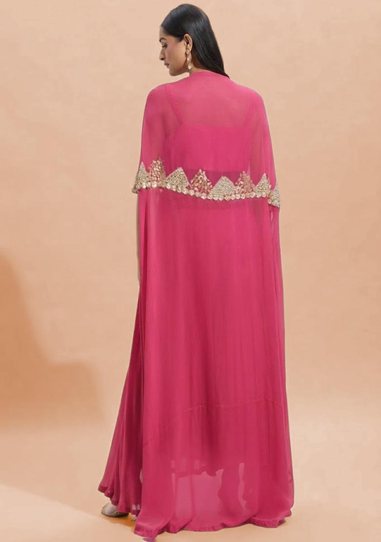 Pink Georgette Handwork Fusion Set - Indya