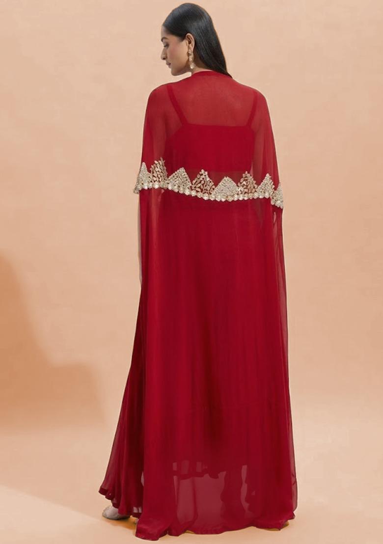 Red Georgette Handwork Fusion Set - Indya