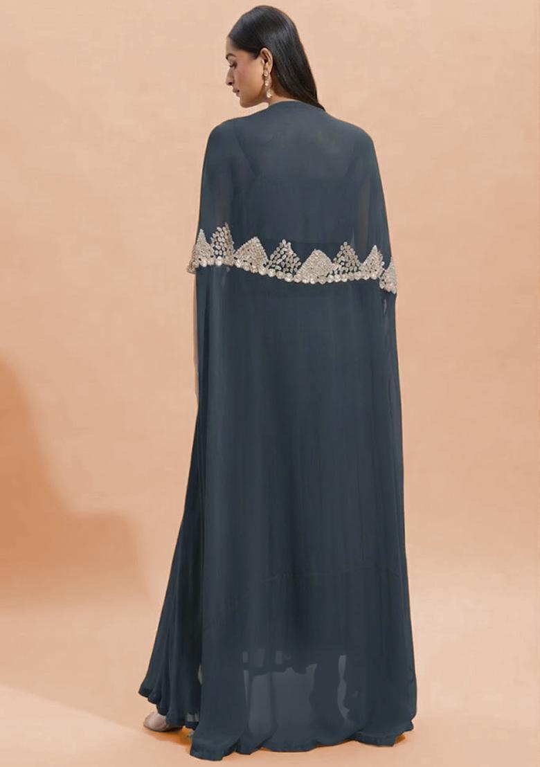 Steel Blue Georgette Handwork Fusion Set - Indya