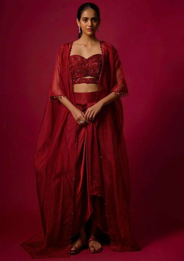 Maroon Satin Handwork Fusion Set - Indya