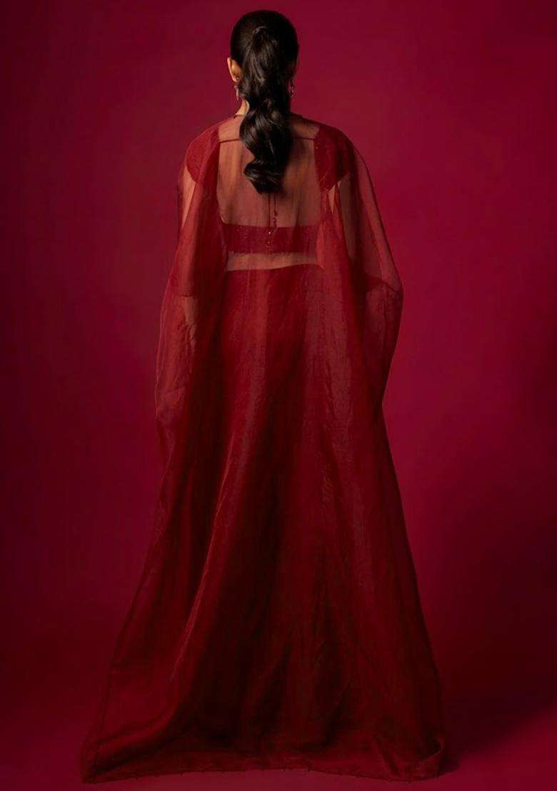 Maroon Satin Handwork Fusion Set - Indya