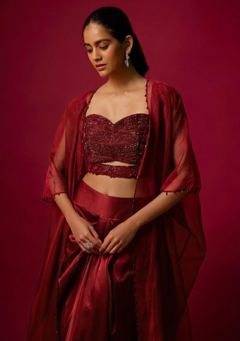 Maroon Satin Handwork Fusion Set - Indya