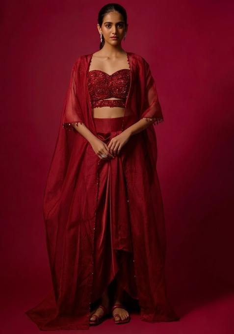Maroon Satin Handwork Fusion Set