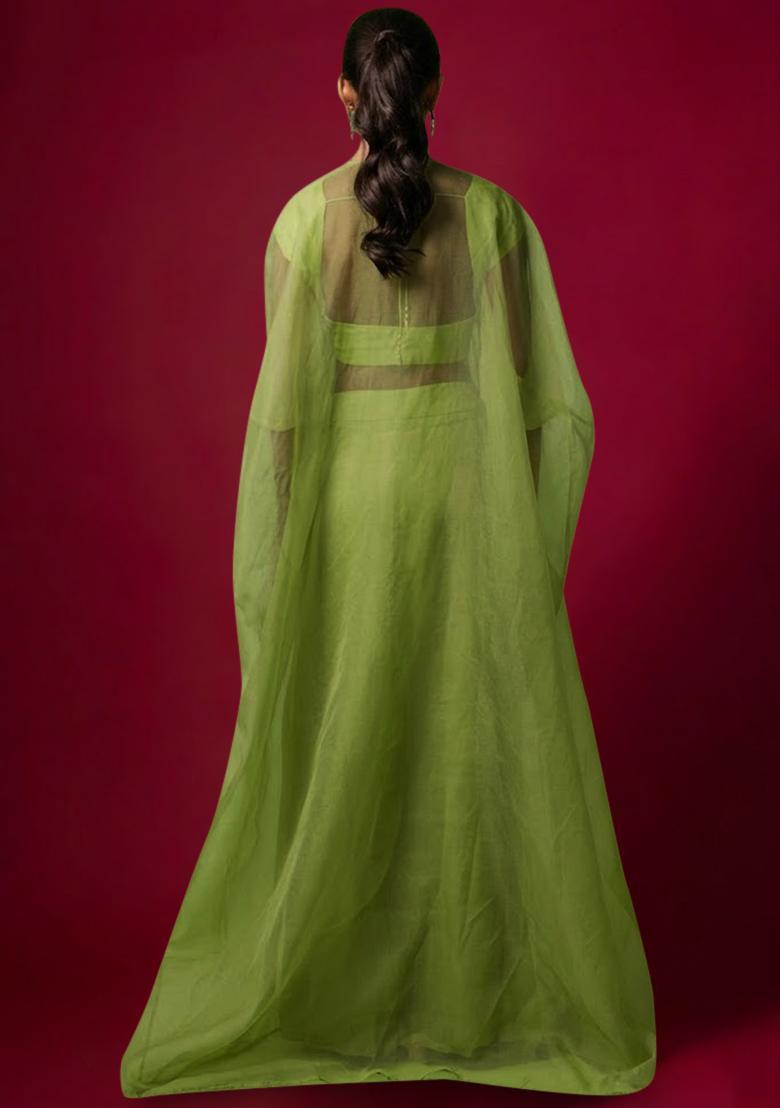 Green Satin Handwork Fusion Set - Indya
