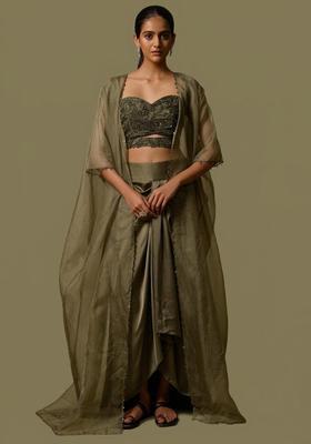 Olive Green Satin Handwork Fusion Set