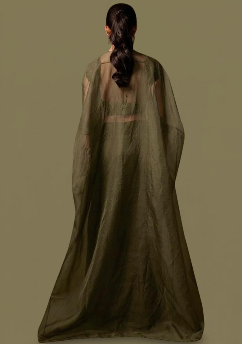 Olive Green Satin Handwork Fusion Set - Indya