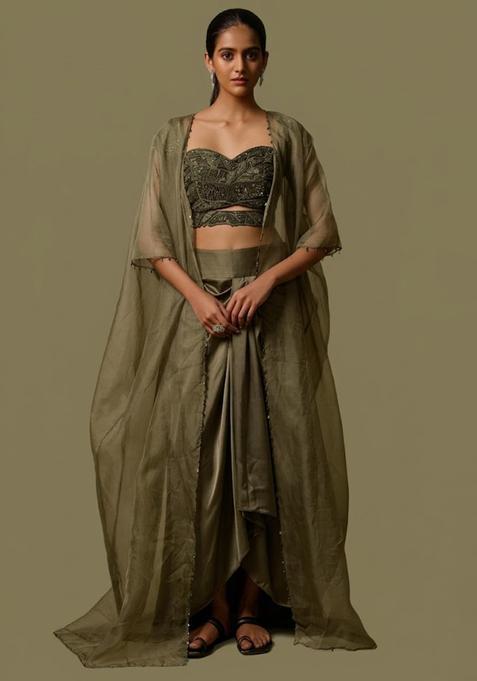 Olive Green Satin Handwork Fusion Set