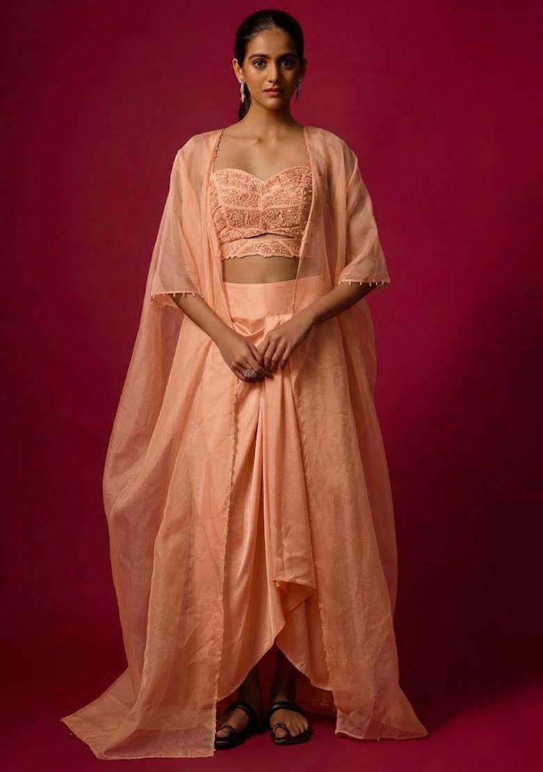 Peach Satin Handwork Fusion Set - Indya
