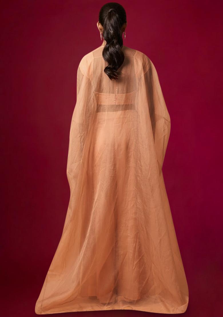 Peach Satin Handwork Fusion Set - Indya