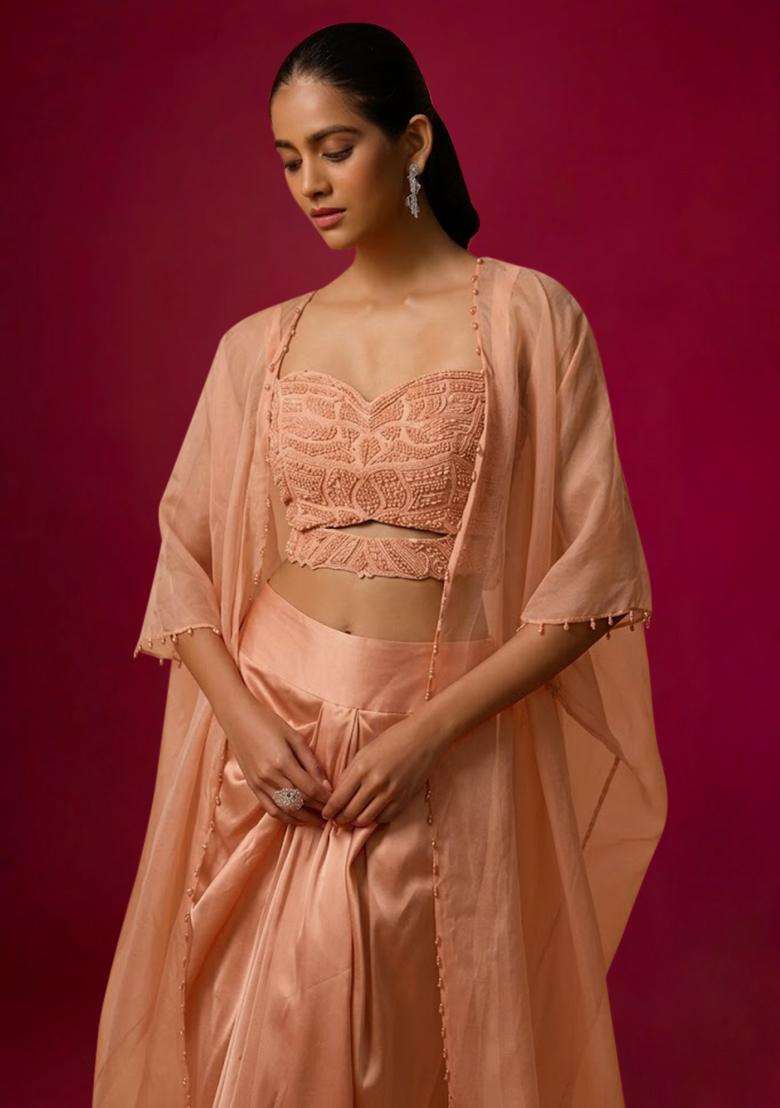 Peach Satin Handwork Fusion Set - Indya