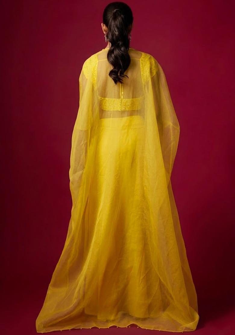 Yellow Satin Handwork Fusion Set - Indya