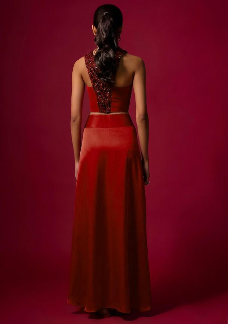 Bright Red Satin Handwork Pre Draped Saree Set - Indya
