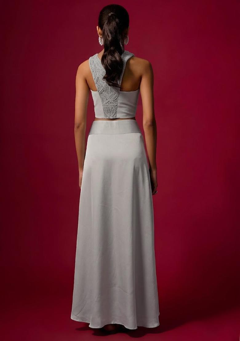 Off White Satin Handwork Pre Draped Saree Set - Indya
