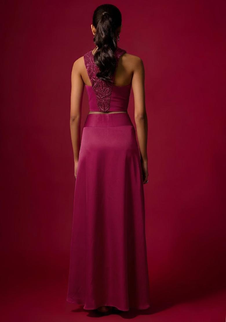 Rani Pink Satin Handwork Pre Draped Saree Set - Indya