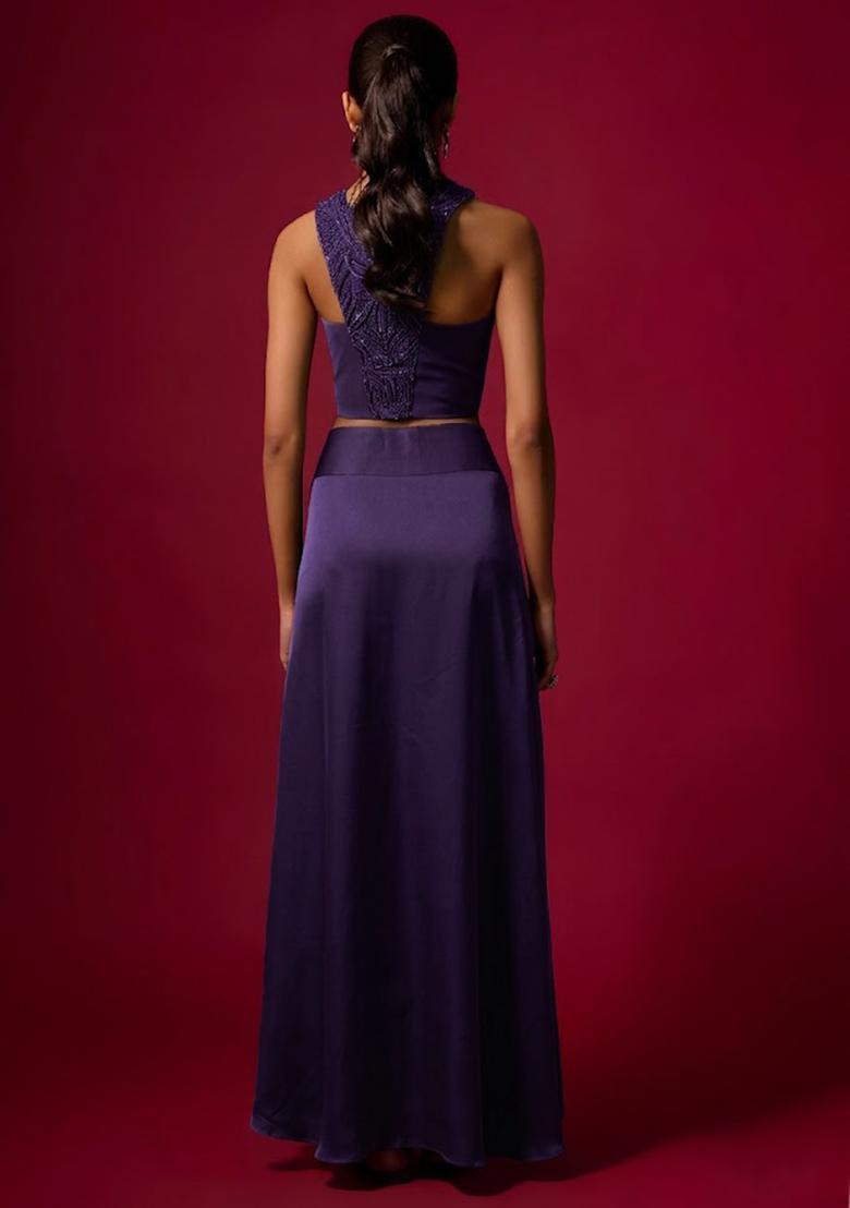 Purple Satin Handwork Pre Draped Saree Set - Indya
