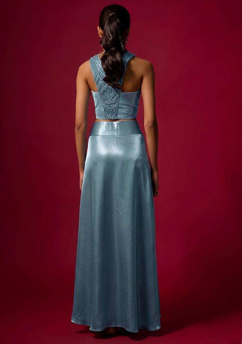 Dusty Blue Satin Handwork Pre Draped Saree Set - Indya