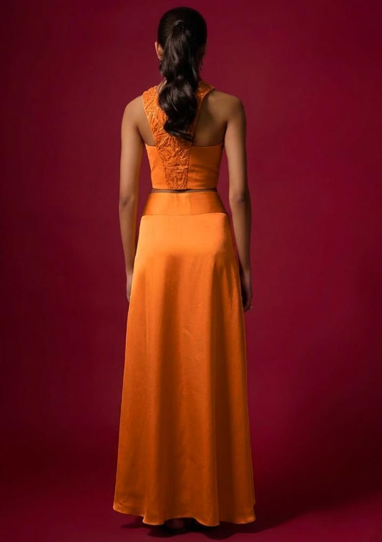 Orange Satin Handwork Pre Draped Saree Set - Indya