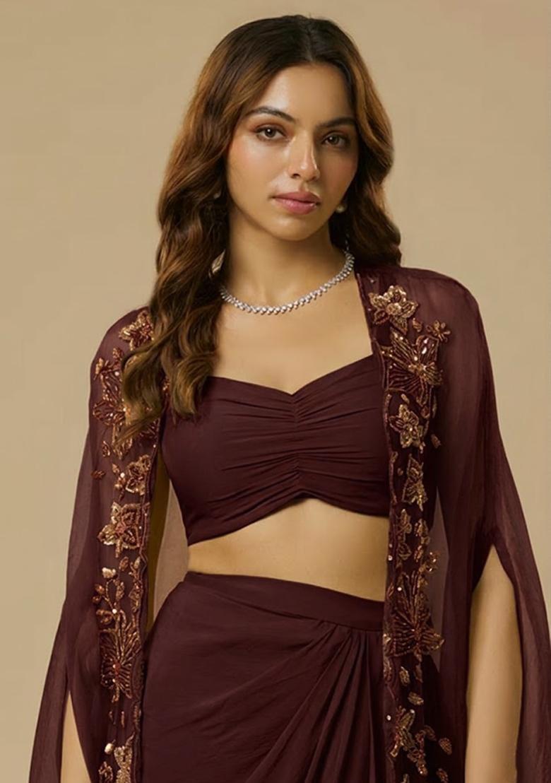 Wine Purple Crepe Handwork Fusion Set - Indya
