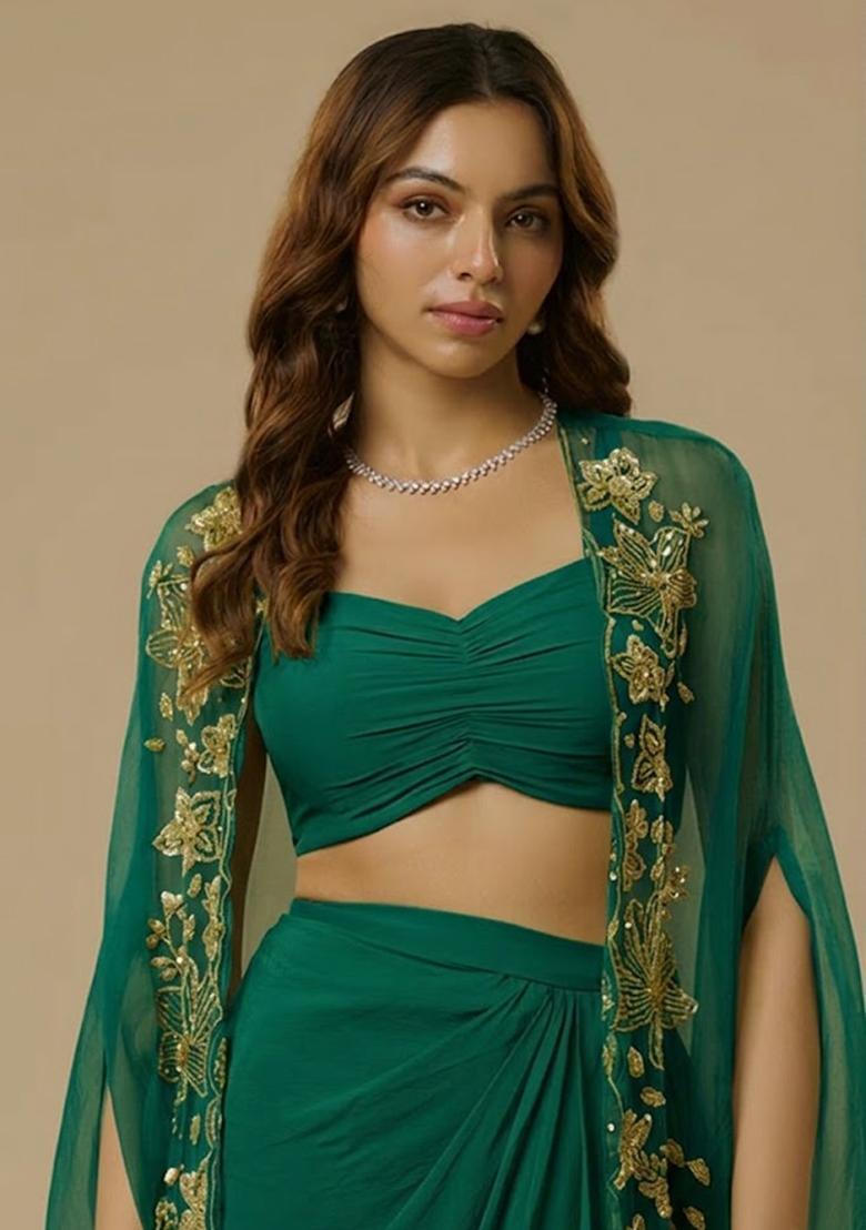 Bottle Green Crepe Handwork Fusion Set - Indya