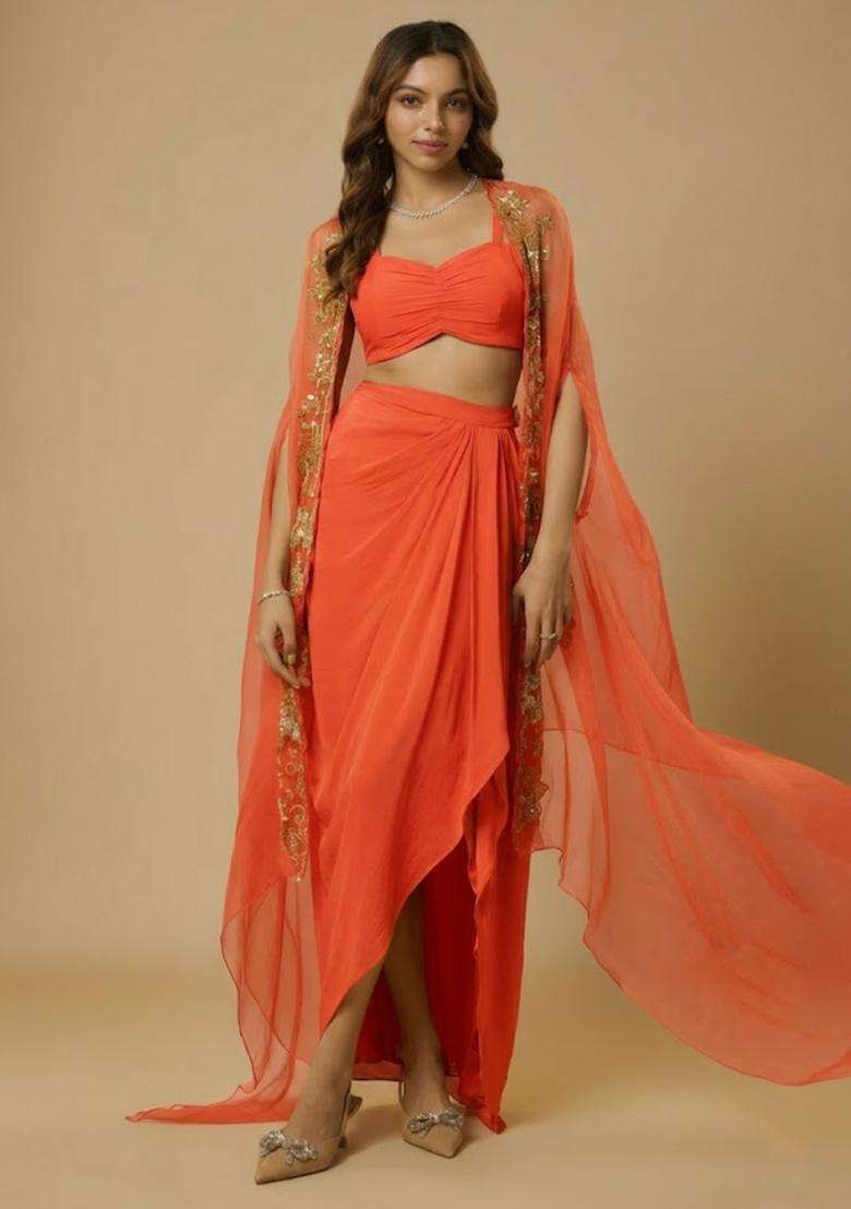 Peach Crepe Handwork Fusion Set - Indya