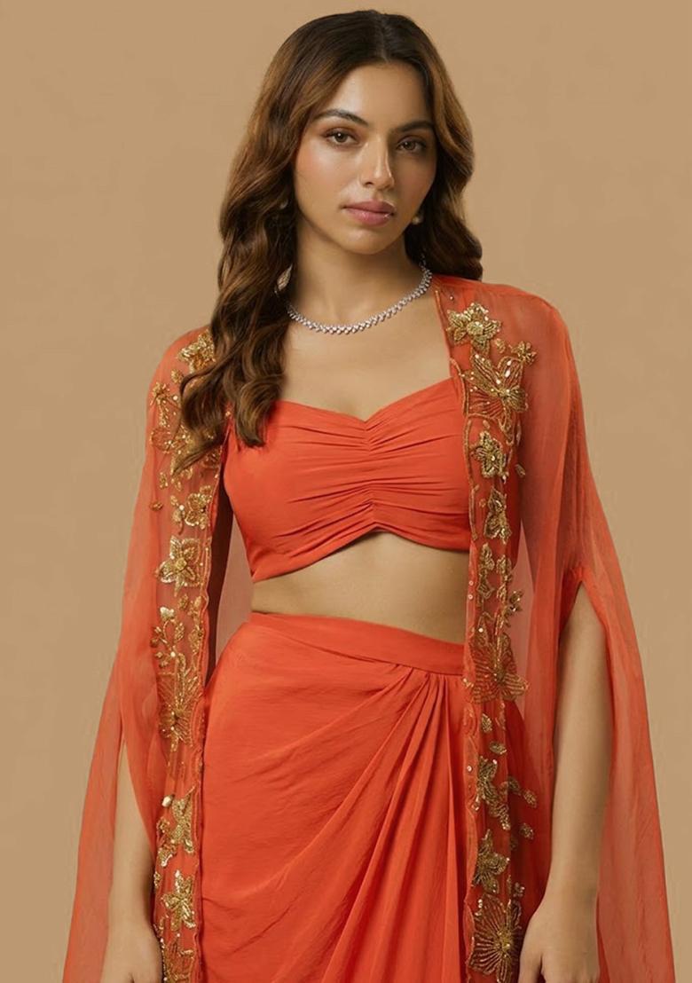 Peach Crepe Handwork Fusion Set - Indya