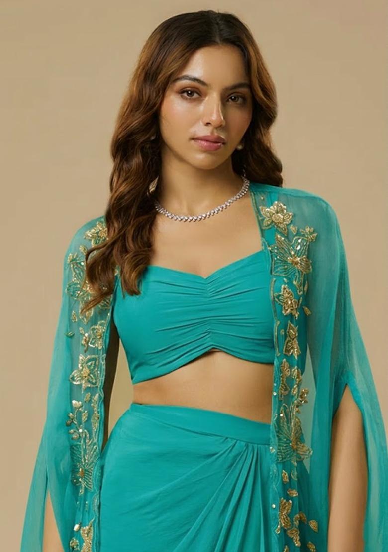 Aqua Blue Crepe Handwork Fusion Set - Indya