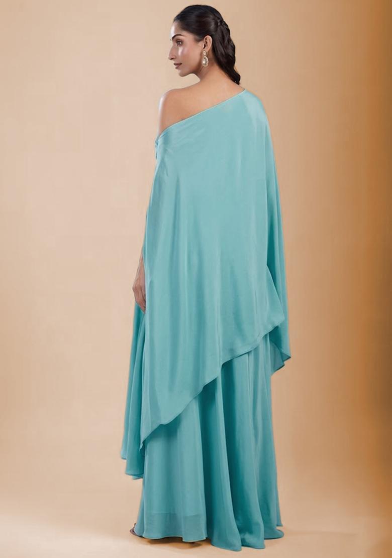 Turquoise Blue Satin Handwork Fusion Set - Indya