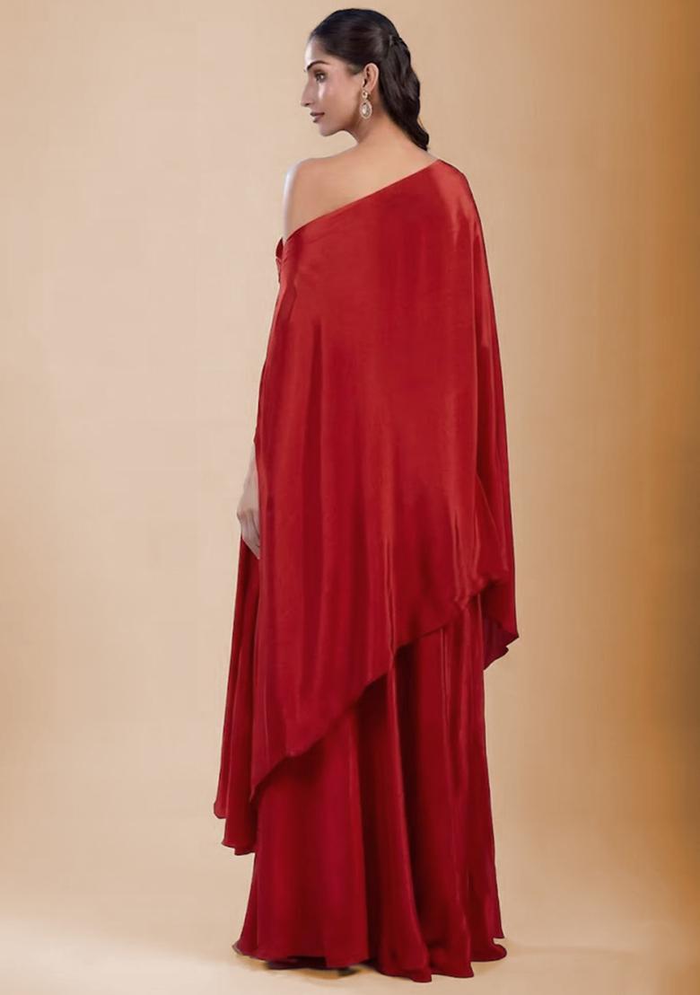 Red Satin Handwork Fusion Set - Indya