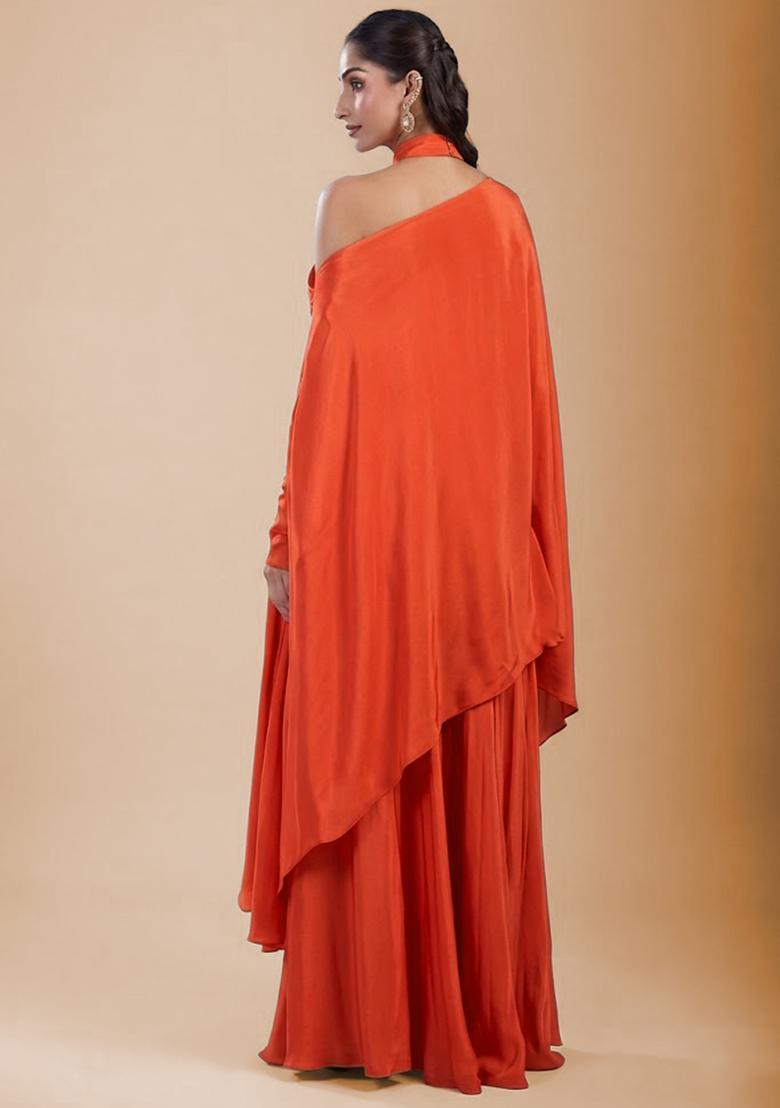 Orange Satin Handwork Fusion Set - Indya
