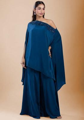 Navy Blue Satin Handwork Fusion Set