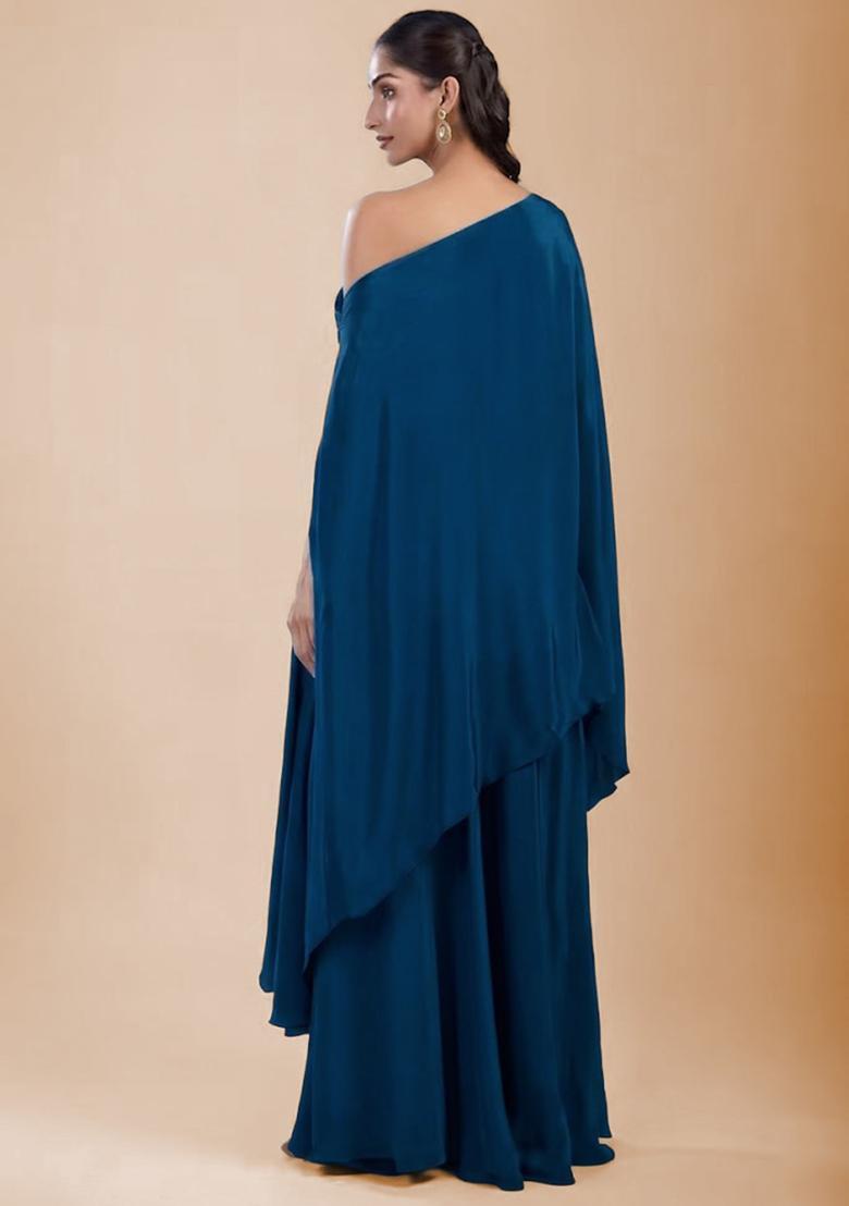 Navy Blue Satin Handwork Fusion Set - Indya