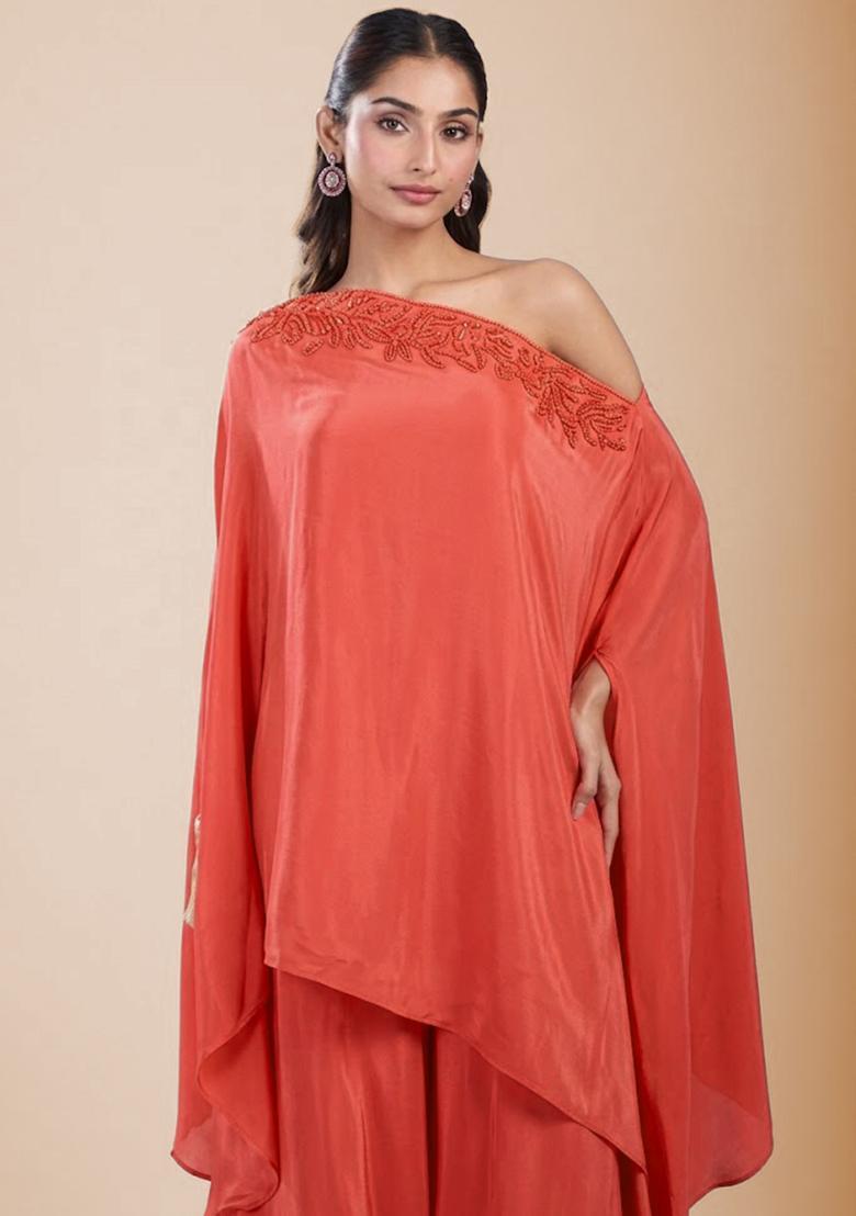 Coral Satin Handwork Fusion Set - Indya