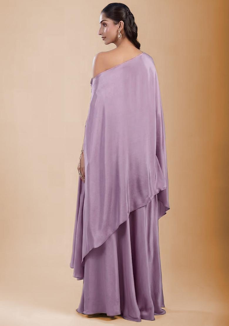 Lavender Satin Handwork Fusion Set - Indya
