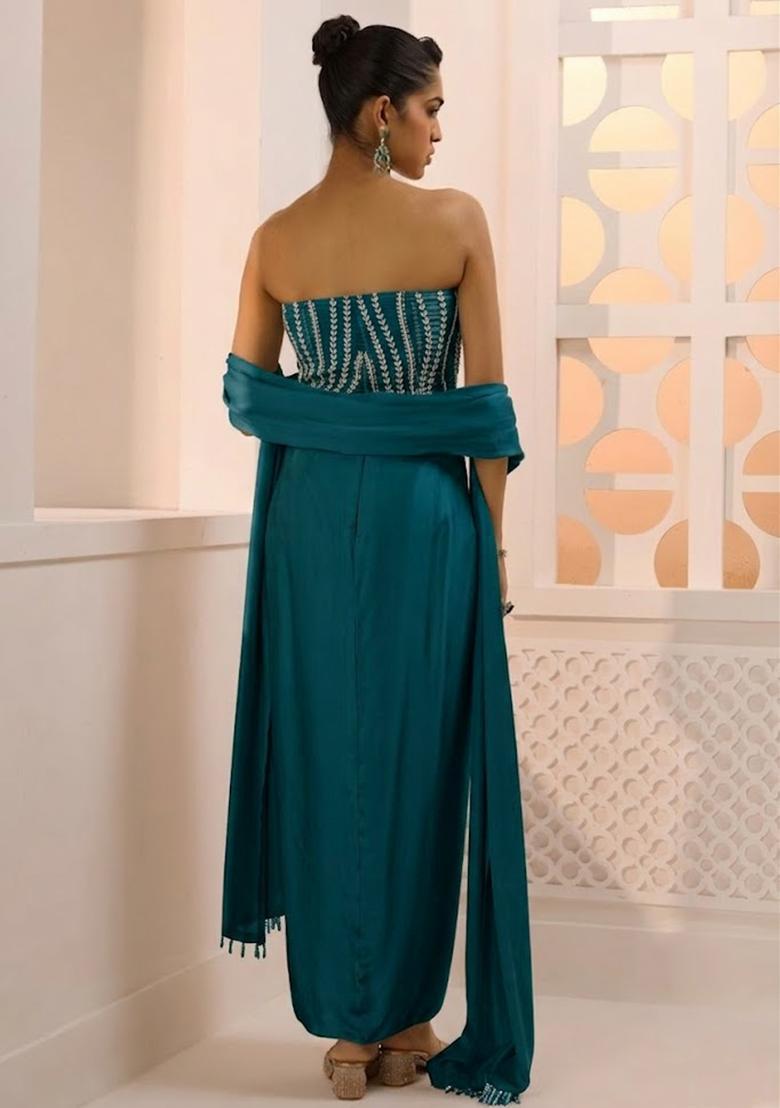 Teal Green Satin Handwork Fusion Set - Indya