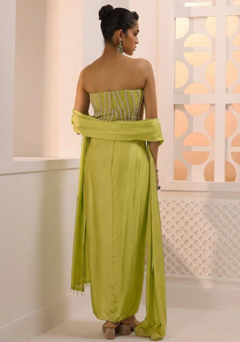 Lime Green Satin Handwork Fusion Set - Indya