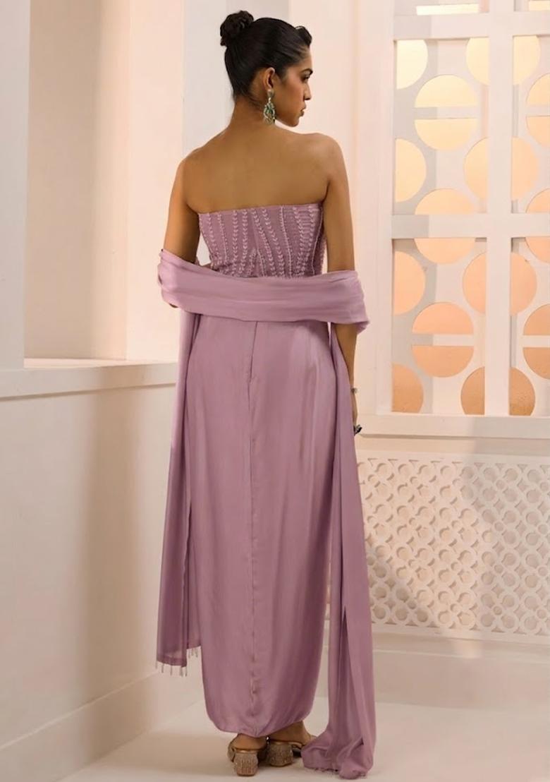 Mauve Satin Handwork Fusion Set - Indya