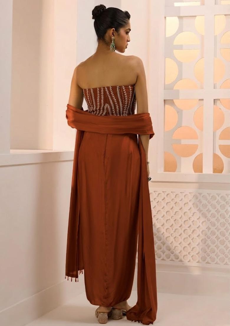 Rust Satin Handwork Fusion Set - Indya
