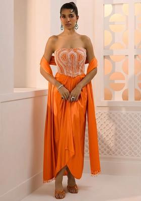 Orange Satin Handwork Fusion Set