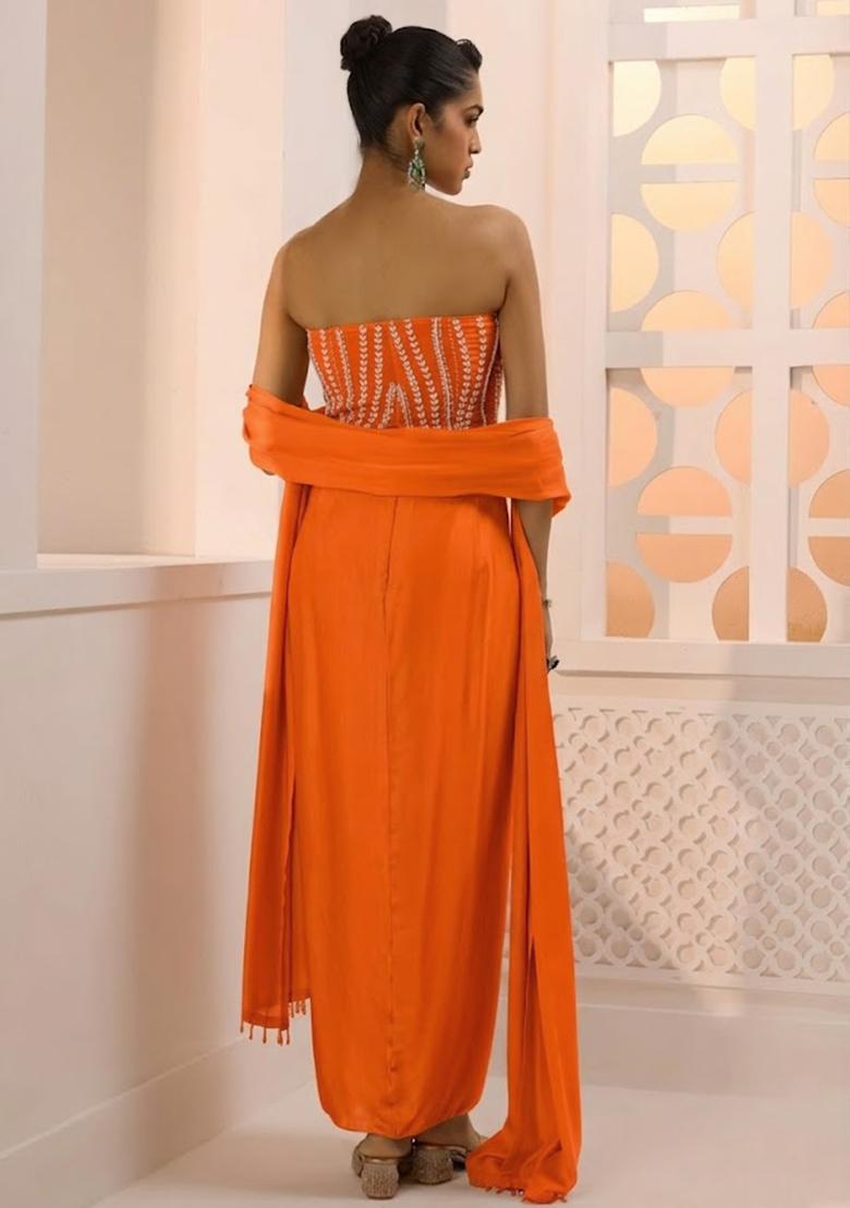 Orange Satin Handwork Fusion Set - Indya