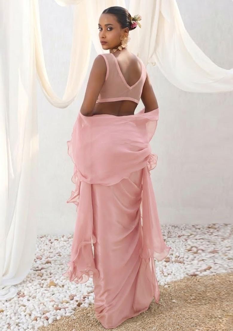 Blush Pink Crepe Handwork Fusion Set - Indya