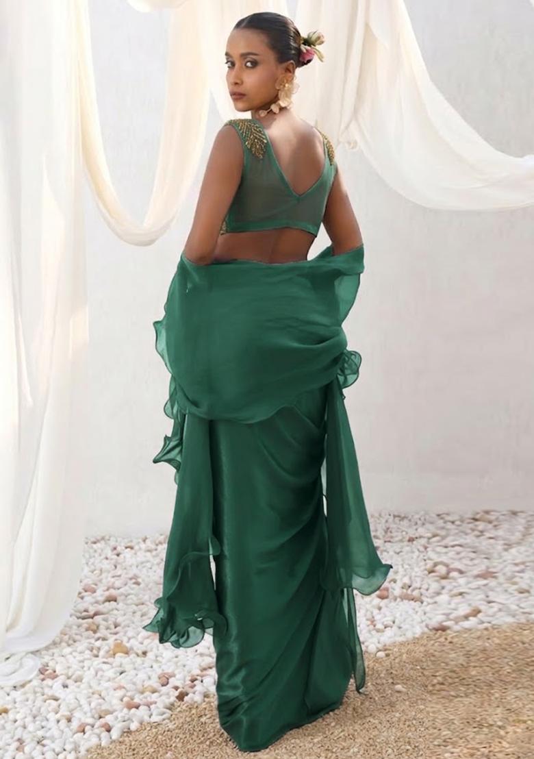 Bottle Green Satin Handwork Fusion Set - Indya