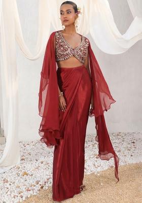 Wine Red Satin Handwork Fusion Set