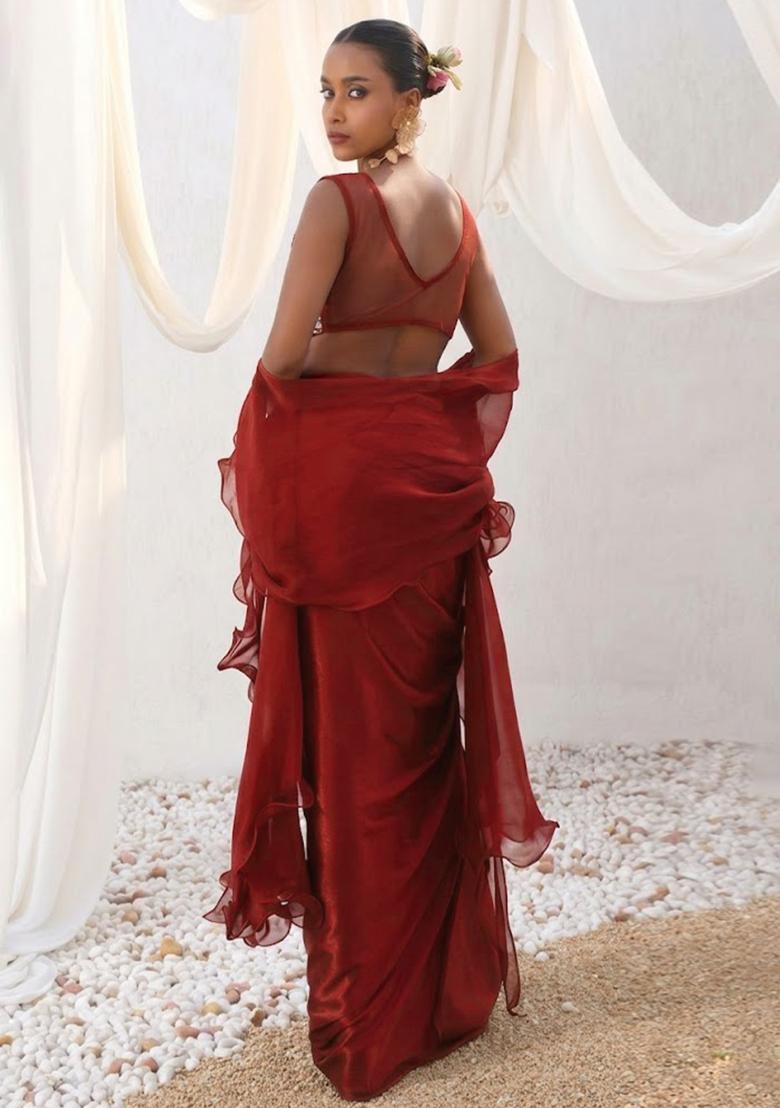 Wine Red Satin Handwork Fusion Set - Indya