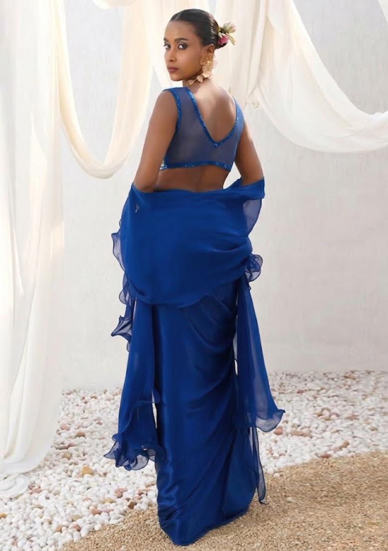 Royal Blue Satin Handwork Fusion Set - Indya