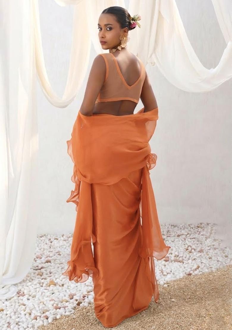 Orange Satin Handwork Fusion Set - Indya