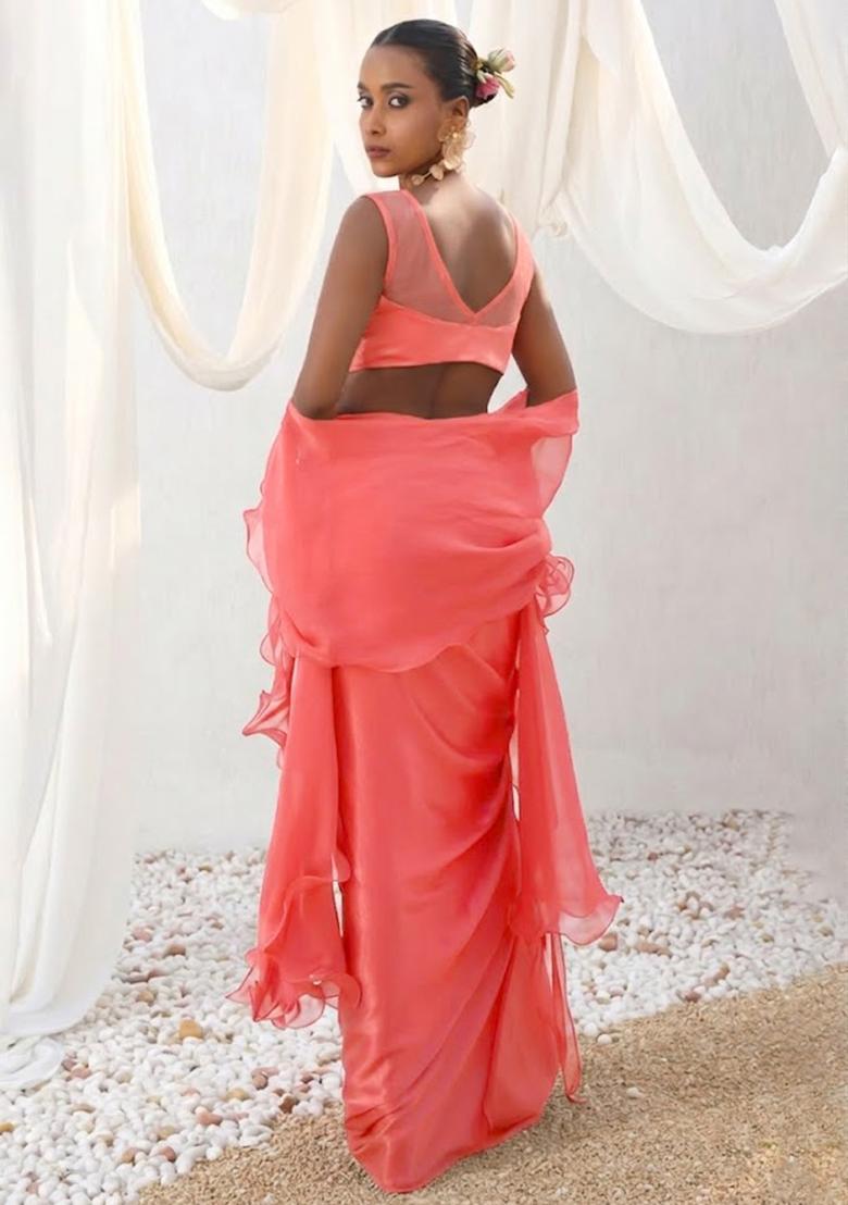 Coral Satin Handwork Fusion Set - Indya